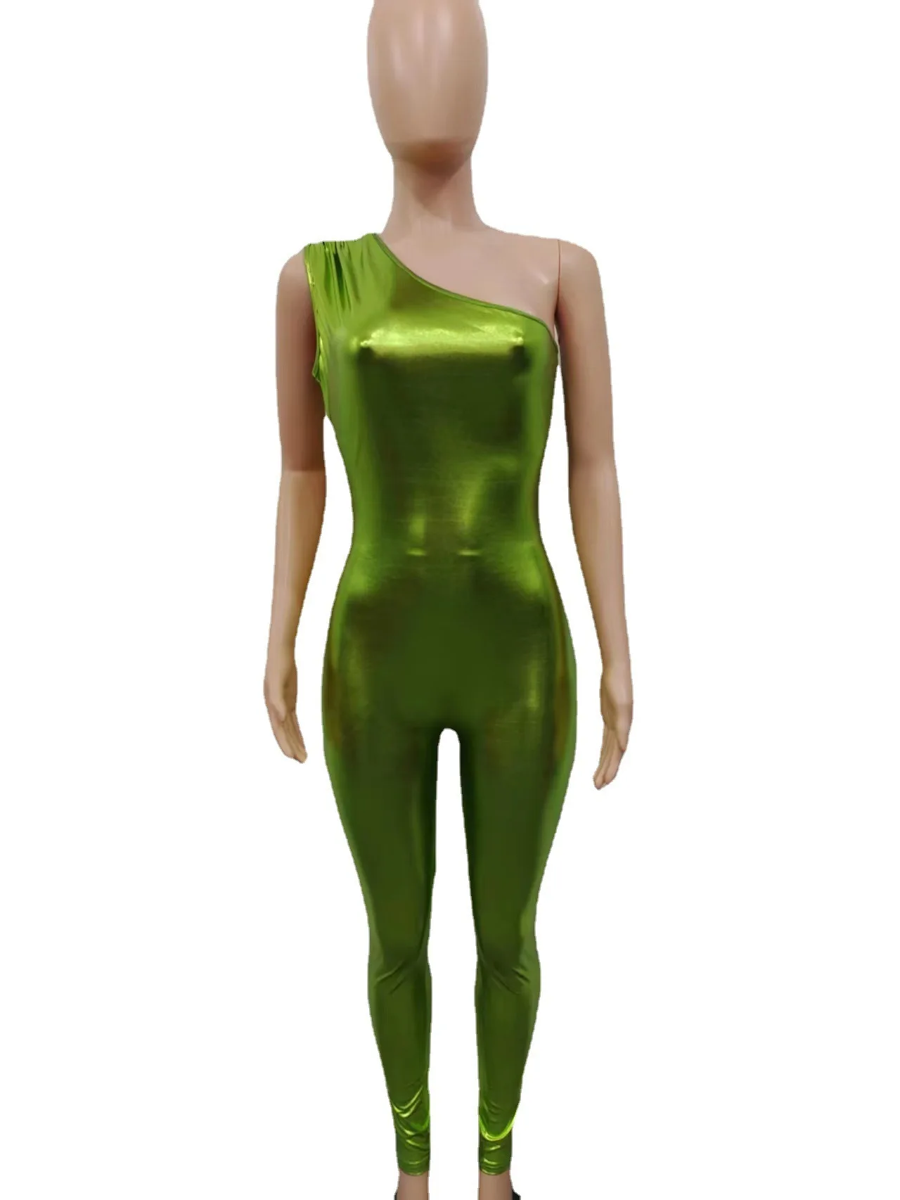 Cut Out Bodysuit Pu Jumpsuit Women Metallic Single Shoulder One Piece Overall Sexy Body-Shaping Midnight Club Female Clothing