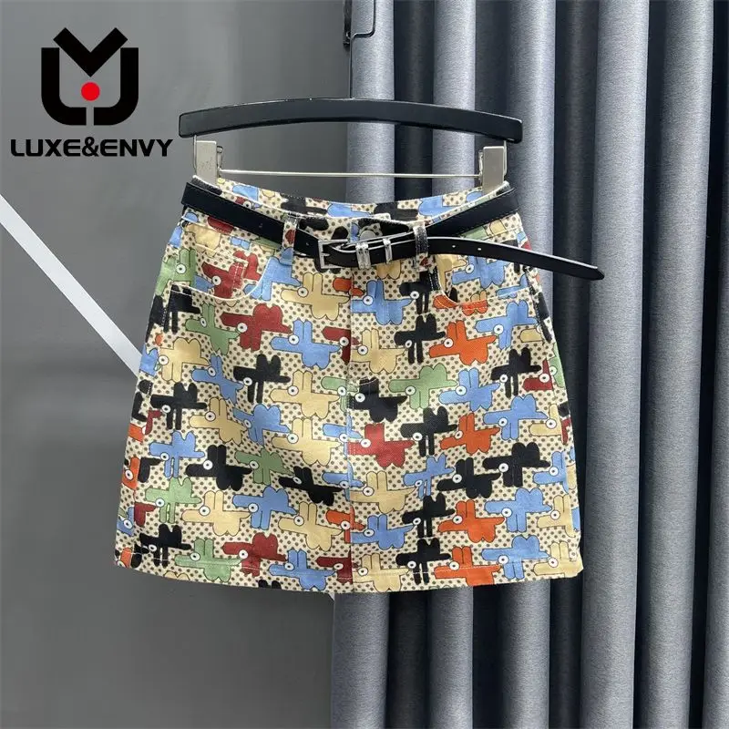 

LUXE&ENVY Mosaic Design Contrast Color Personalized Denim Short Skirt Women's Summer New High Waist Slim A-line Wrap Hip Skirt