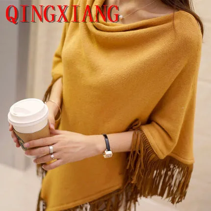 2022 Women Knitted Poncho Spring Fashion High Neck Irregular Loose Sweater With Tassel Casual Batwing Sleeve Pullover Knitwear