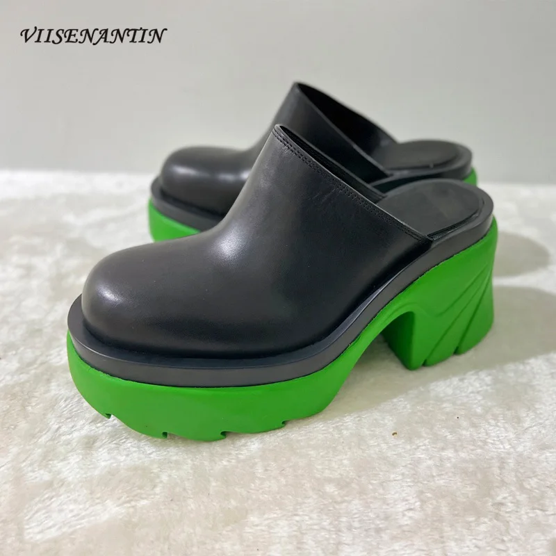 

Trendy Green Pink Blue Thick-heeled Half Slippers High-quality Genuine Leather Thick-soled Non-slip Designer Lazy Mules