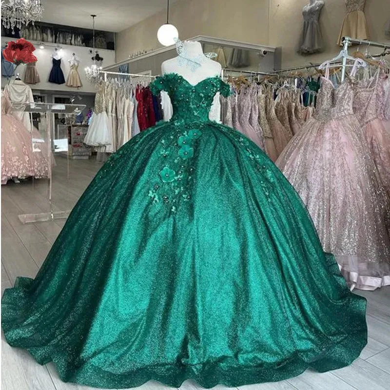 

Изумрудно-зеленые цветочные платья для девушек, бальное платье с 3D цветами, сексуальное платье с открытыми плечами и блестками, принцесса, Дебютант 15