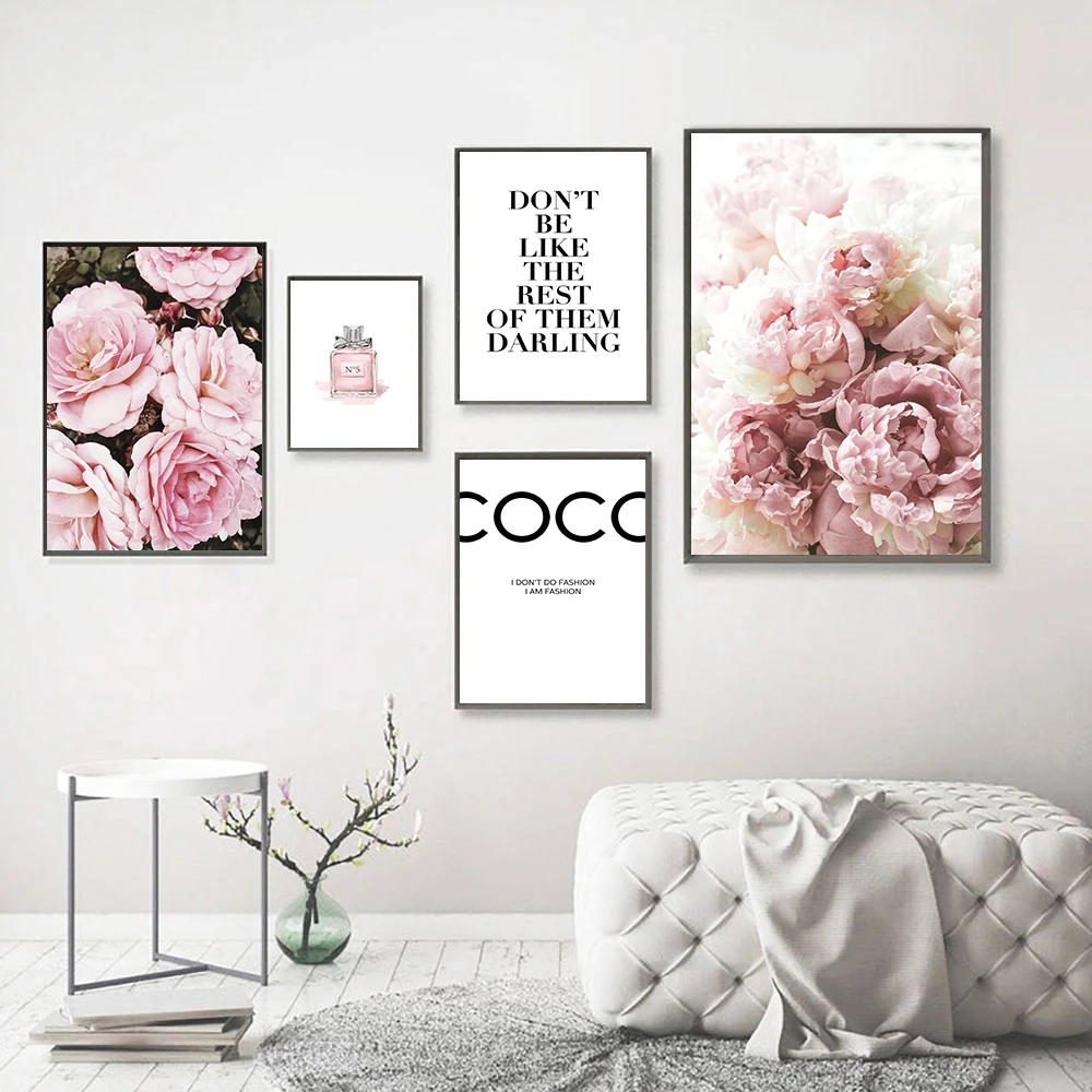 

Romantic Pink Rose Flower Poster Fashion Quote Canvas Painting Perfume Art Print Nordic Wall Picture Girls Living Bedroom Decor