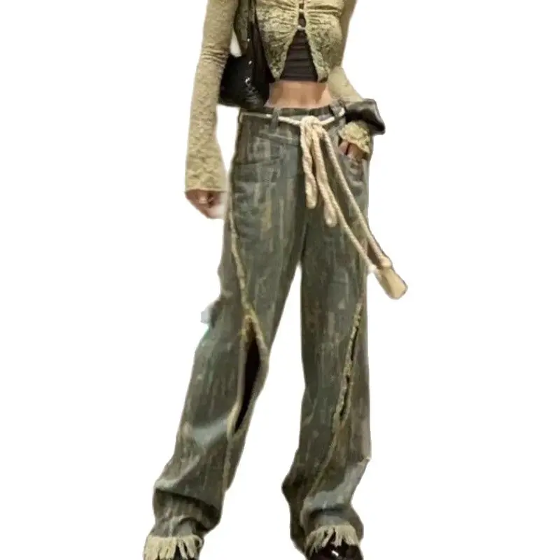 

2022 Summer American Hot Girls Make Old And Broken Holes High Street Design With Rough Edges Straight Pants Free Shipping