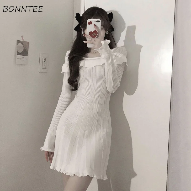 

Flare Sleeve Dresses Women Sexy Slim Square Collar Vacation Chic Knitting Trendy Female Students Autumn Casual Ulzzang Vestido