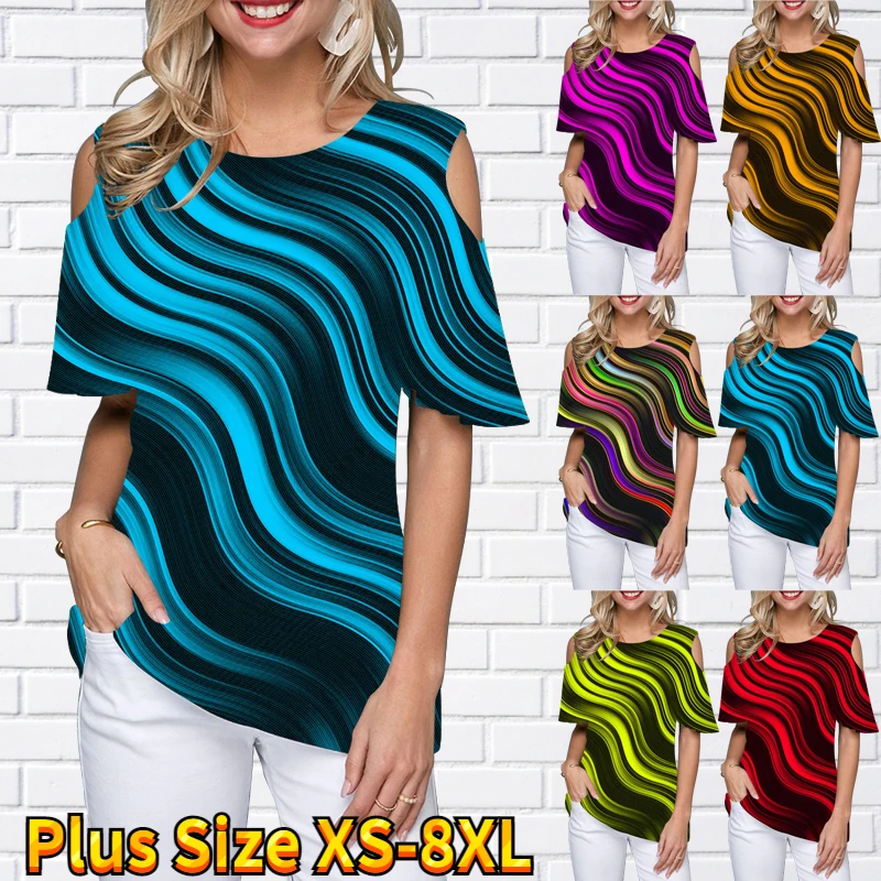 

2022 Round Collar 3D Retro Printing Tee Women's T-Shirt Female Casual Tops Summer Regular Daily Off-the-shoulder Short Sleeves