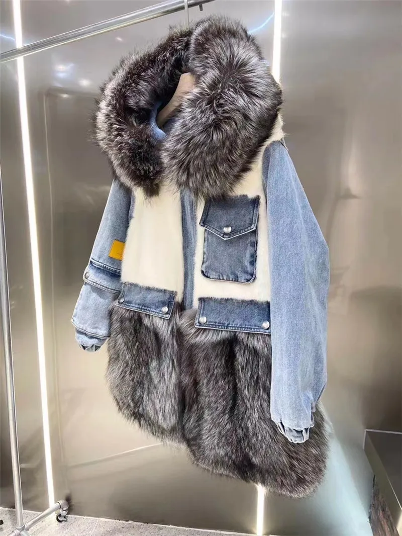 real mink fur coats for women denim parka patchwork natural silver fox fur hood jacket winter