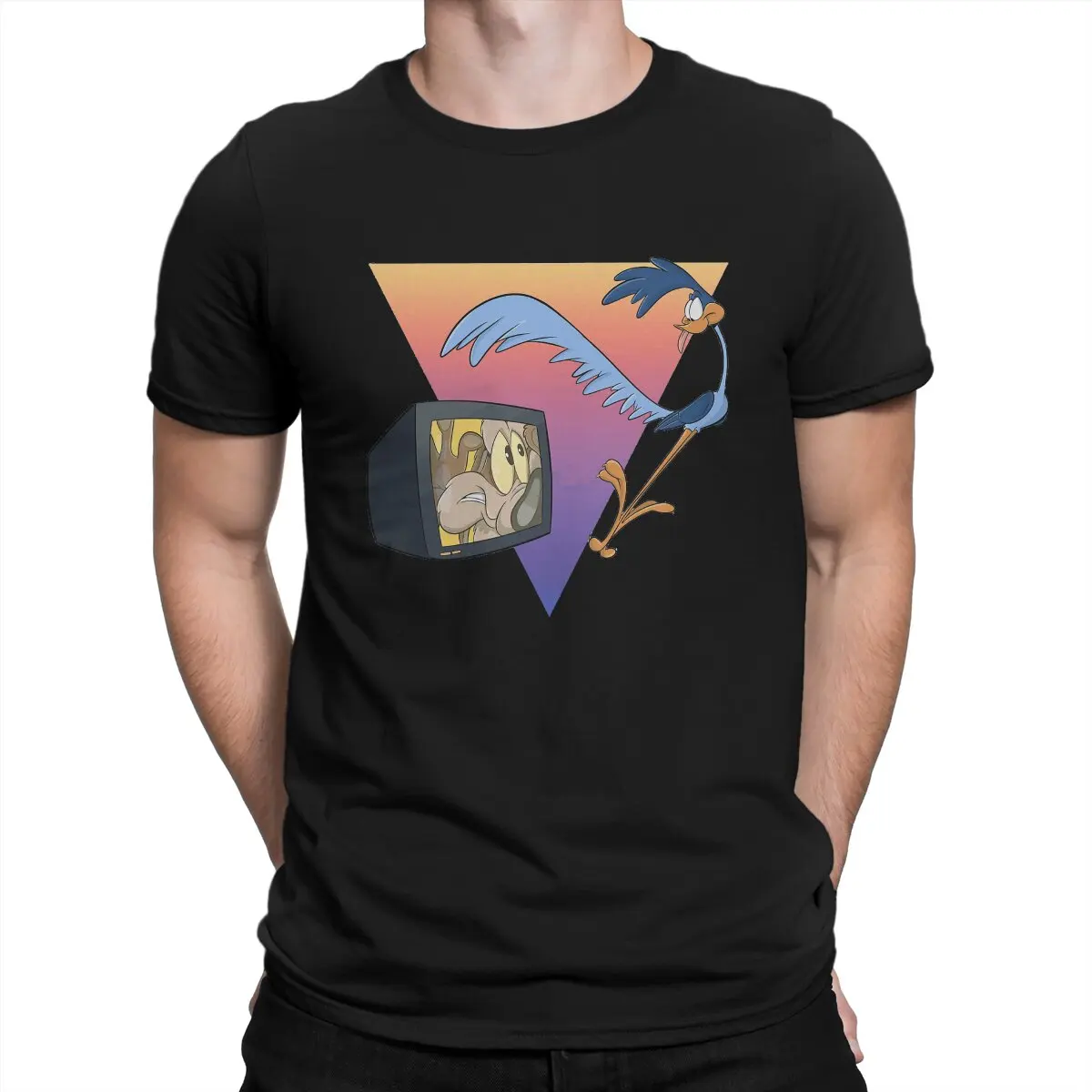 

Watching TV Men T Shirt Roadrunner Wile E. Coyote Cartoons Funny Tee Shirt Short Sleeve Crew Neck T-Shirt Cotton Classic Clothes