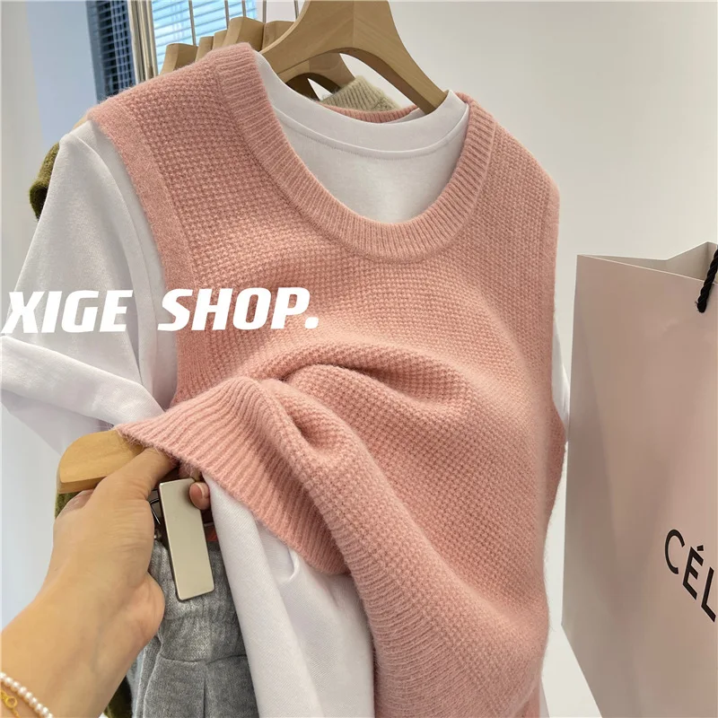 

Solid Color Knitted Vest for Women Autumn 2022 New Loose Slim Sweater Vest Outer Wear chalecos para mujer 나시탑