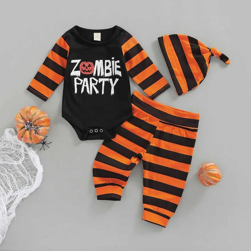 

SUNSIOM Toddler Boys Girls Halloween Outfits Long Sleeve Pumpkin Letter Print Romper + Stripe Pants +Hat Kids 3pcs Outfits