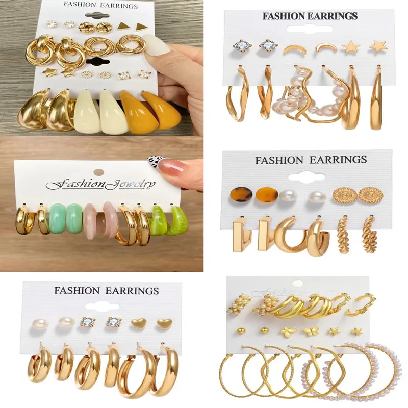 

European and American earrings 6 sets women's exaggerated geometric pearl with diamond earring gift box set