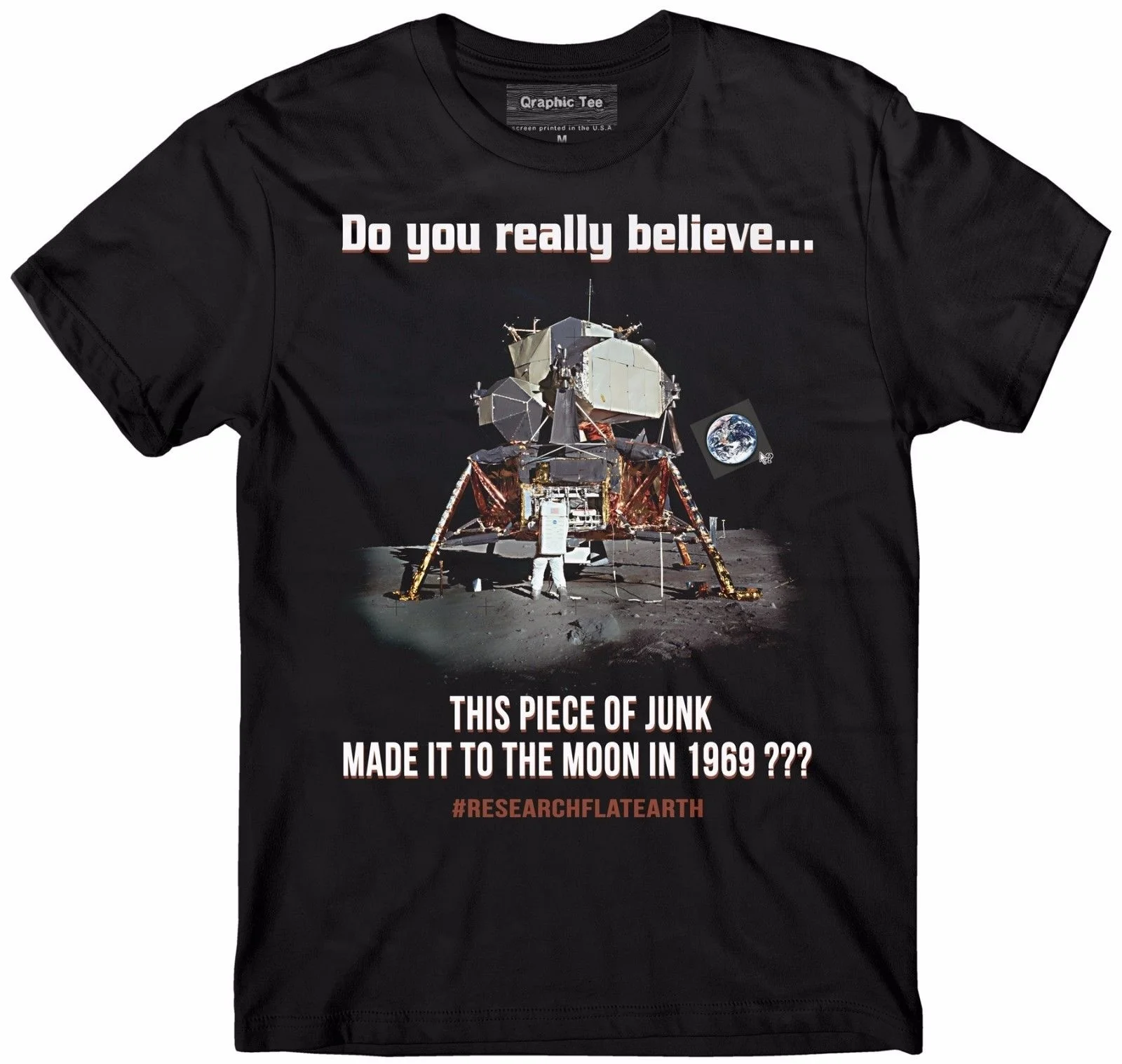 

Camiseta de la tierra plana para hombre, camisa de la tierra plana, Lunar Lander, the Earth Is Flat, tray, Lies, cuello redondo,