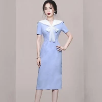 2022 summer womens new high end temperament navy collar short sleeve bow lace lace waist slim mid length fashion dress