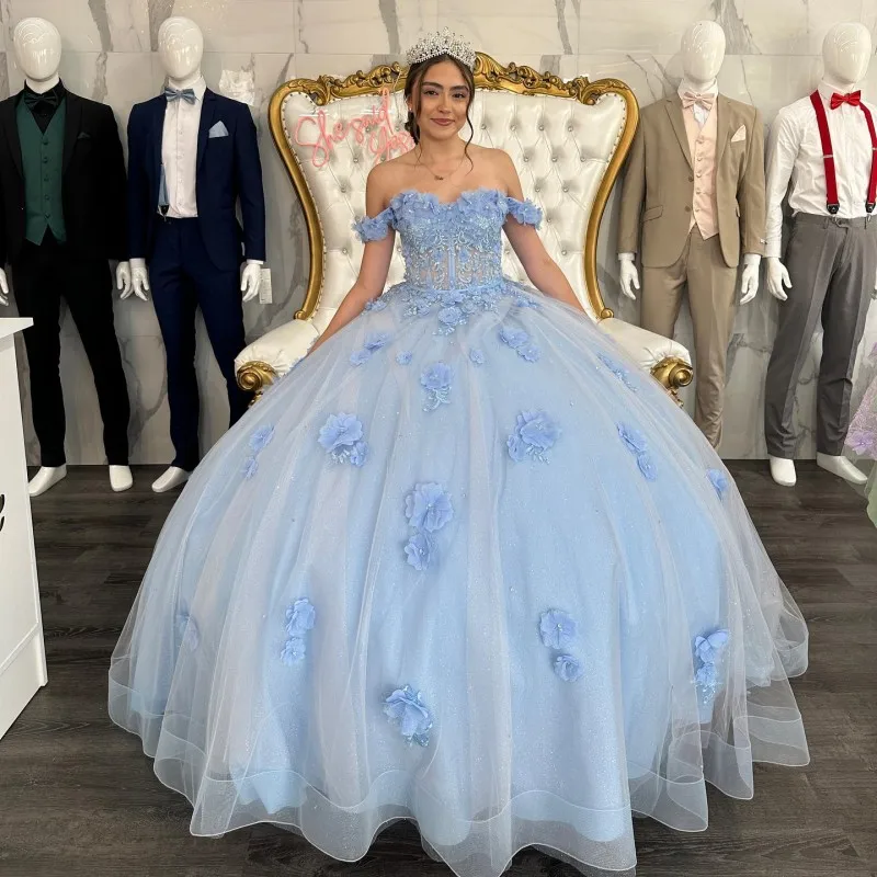 

Роскошные платья небесно-голубого цвета для Quinceanera 2023 бальное платье с цветочной аппликацией кристаллами 3D милые платья на шнуровке для дня рождения