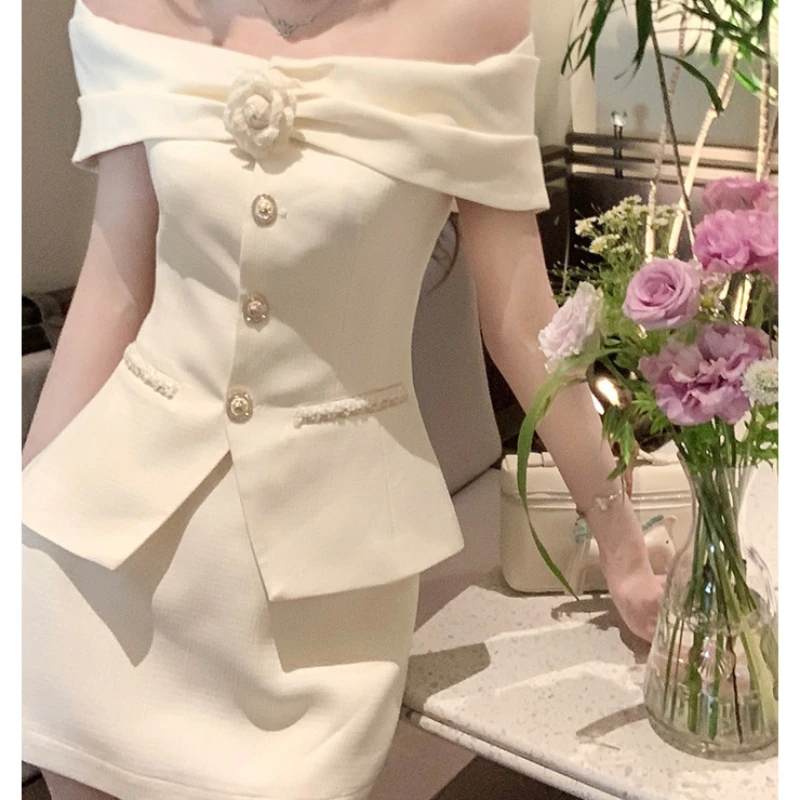 

Office Lady Set One Shoulder Bra Top Women's Clothing Summer Skirt Pants Half Skirt Elegant Temperament Celebrity Two Piece Set
