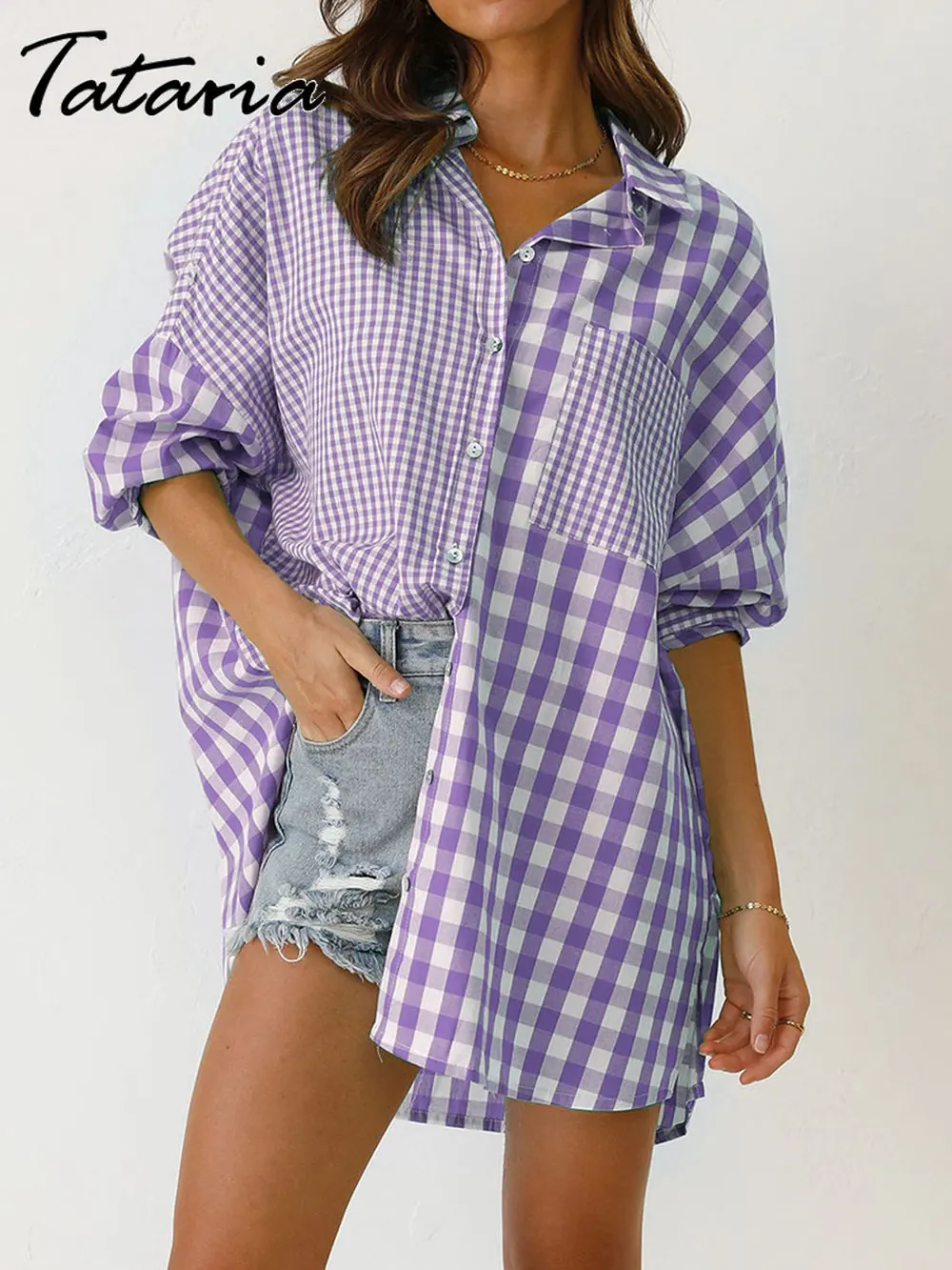 

2023 Spring Oversized Plaid Shirts for Woman Purple Classic Button Down Long Shirt Elegant Women's Blouse with Long Sleeve Tops