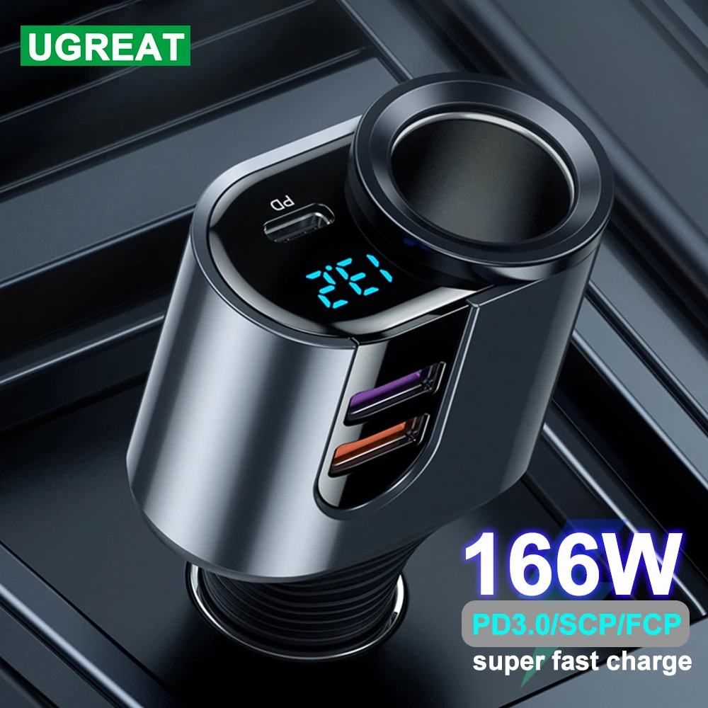

166W Car Charger Cigarette Socket Super Fast Charge 66W Type-C PD20W USB Quick Charge3.0 18W For HUAWEI IPhone Samsung OPPO Vivo