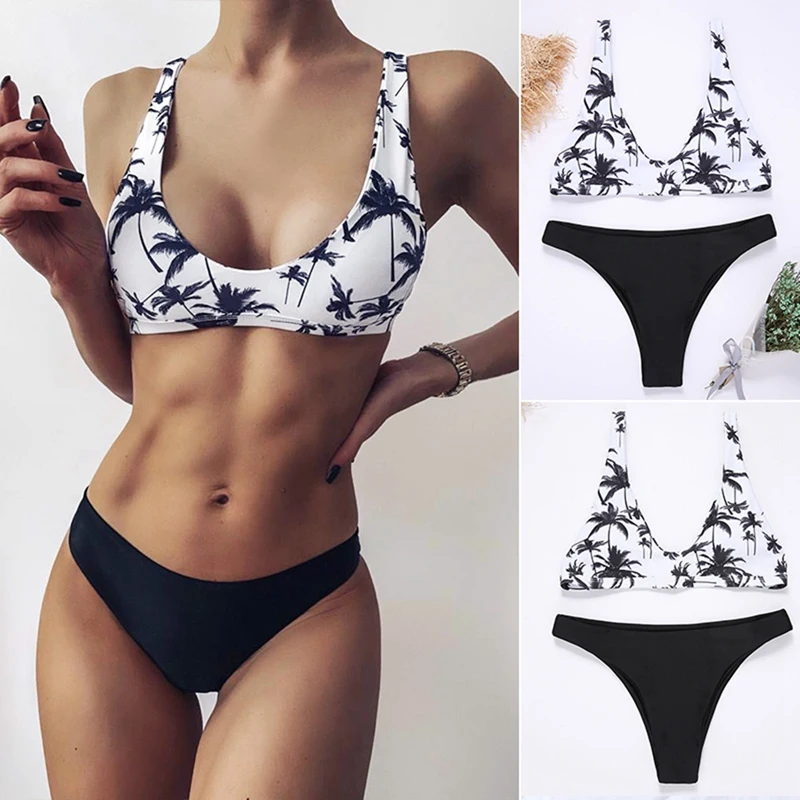 

Print High Cut Bikini Set For Women Spaghetti Straps Bralette Bikini Padded Bathing Suit Summer Sexy Swimwear