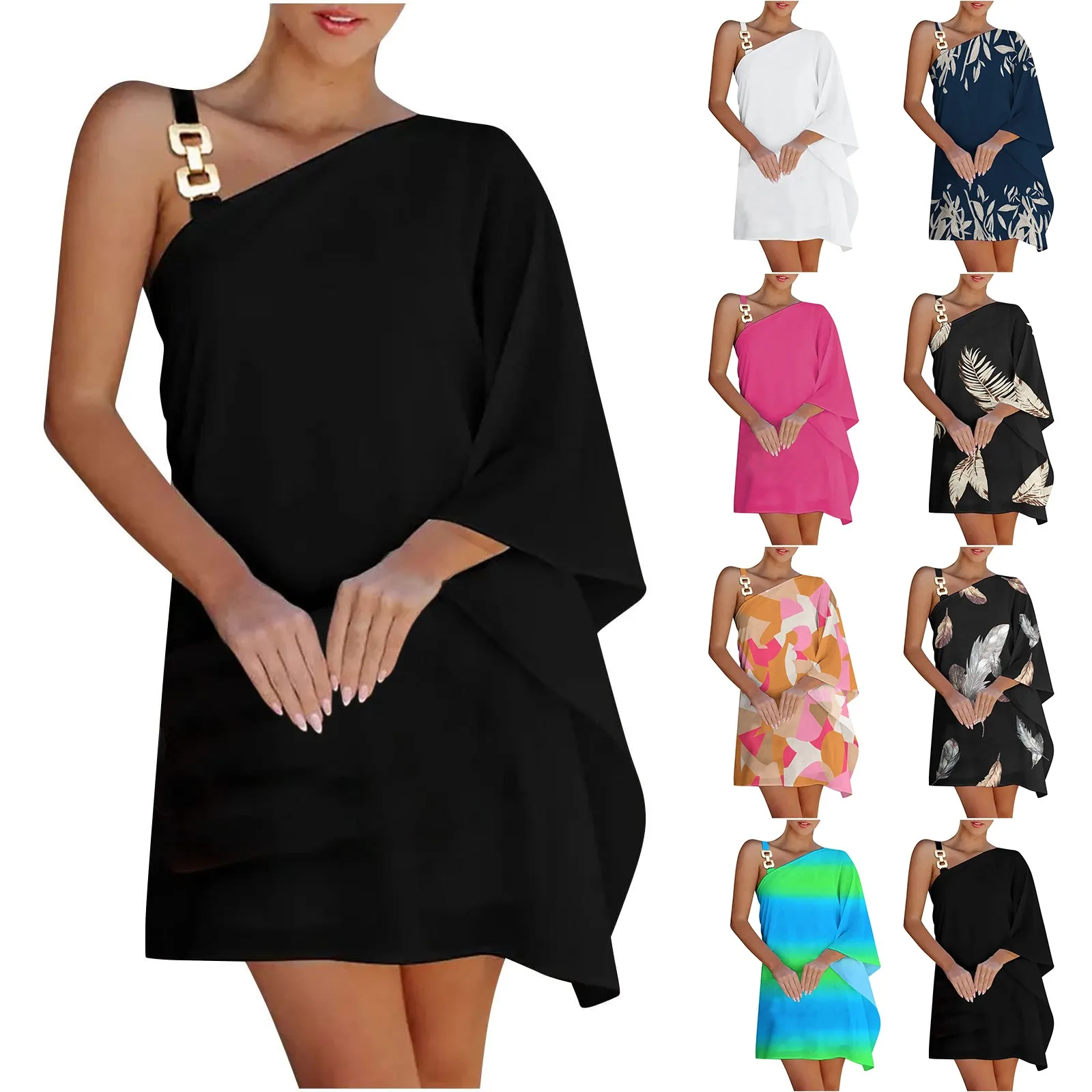 

2022 Fashion boom summer bat sleeve shoulder metal strap women's dress hot sales