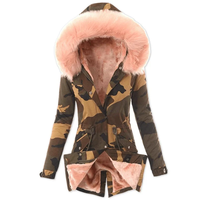 Autumn and winter coat warm cotton coat plush thickened wool collar hooded camouflage cotton coat for women