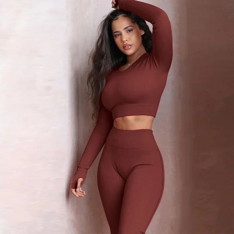 

2 Piece Seamless Yoga Set Woman Gym Clothing Ribbed Fitness Suits Gym Sets Sport Long Sleeve Shirts Leggings Workout Clothes