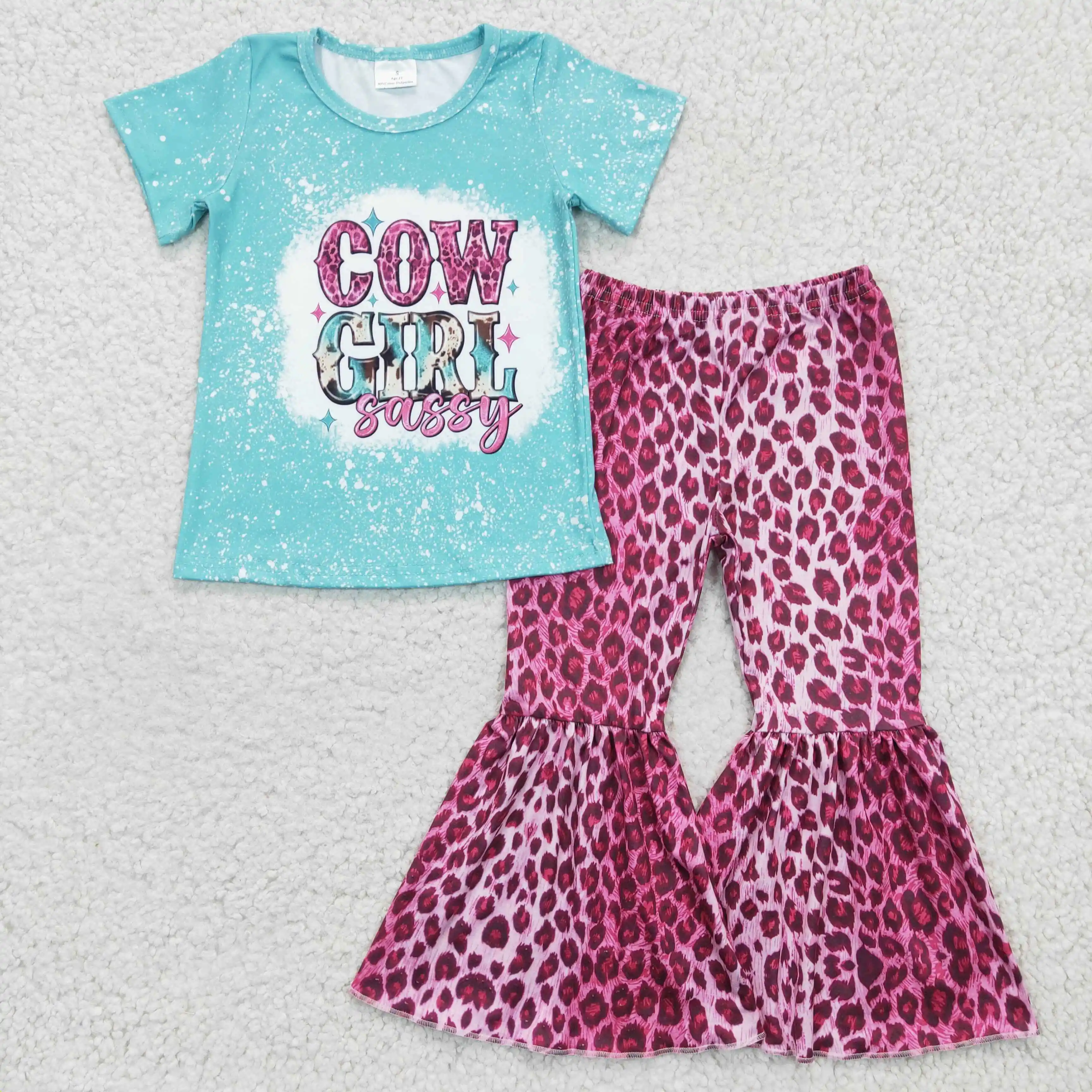 

New Design RTS NO MOQ Children's Western Boutique Suit Baby Leopard Clothing Sets Kids Girl Sassy Outfits