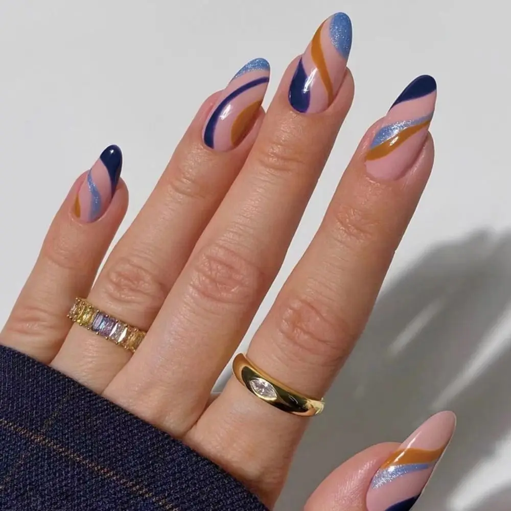 

24pcs Long Almond Fake Nails French Colorful Wavy Full Cover Press on Nails DIY Manicure Nail Art Tips