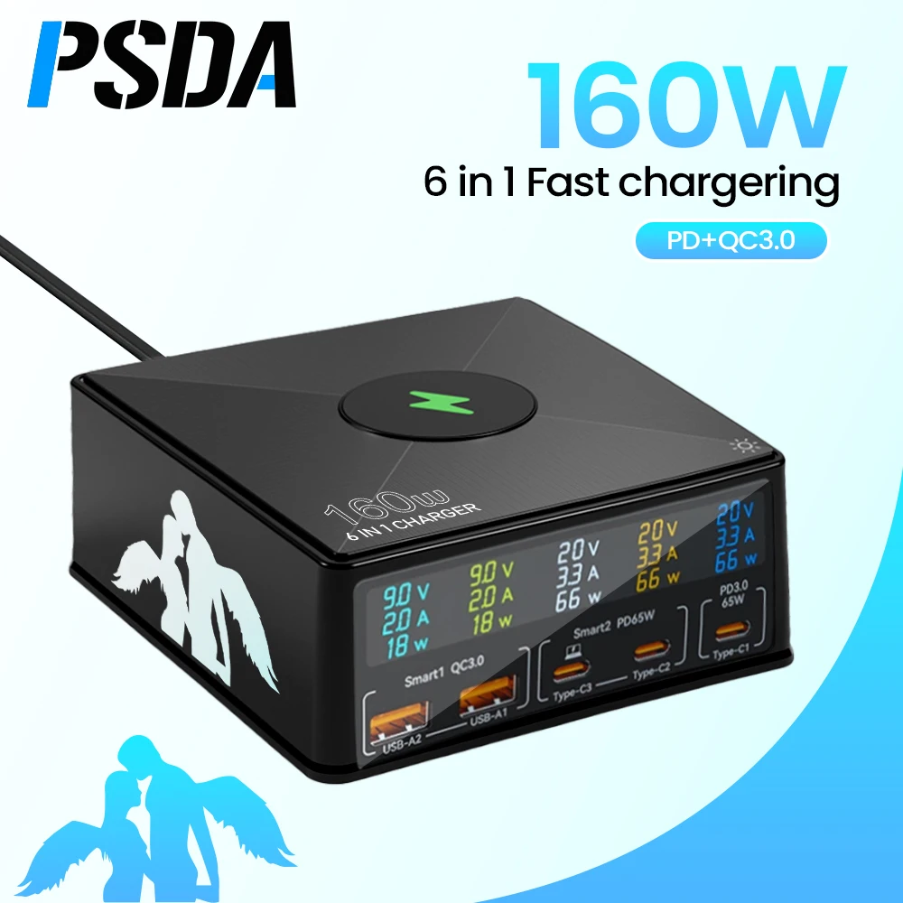 

160W USB Charger Staion 15W Wireless Charger LCD Display USB-C QC3.0 PD 65W Quick Charger For Iphone 14 13 Xiaomi Samsung Laptop