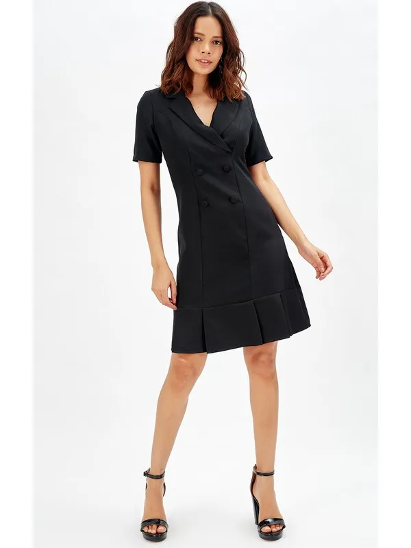 

Front Print Button Crepe Office Dress Black Women Summer Dress Casual Long Prom Midi Maxi