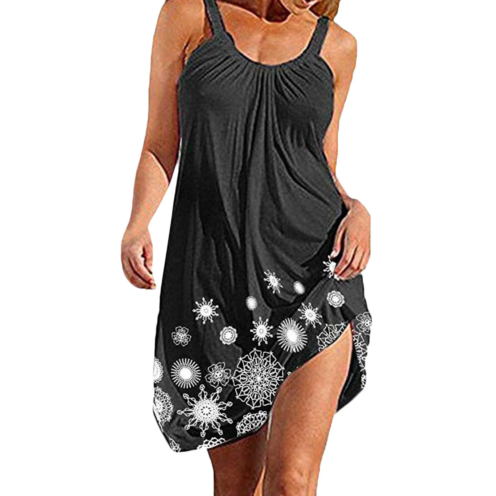 

Womens Summer Casual Dress Sleeveless Elegant Crewneck Flower Pattern Dress Fresh Casual Boho Beach Dresses