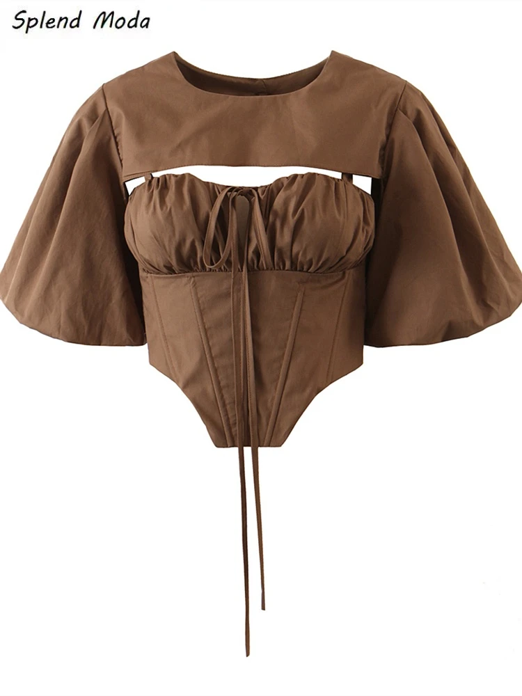 

Splend Moda French Sexy Hollow Shirt Two-Piece Women Spring Irregular Waist Short Corset Tie Camisole + Lantern Sleeve Crop Top