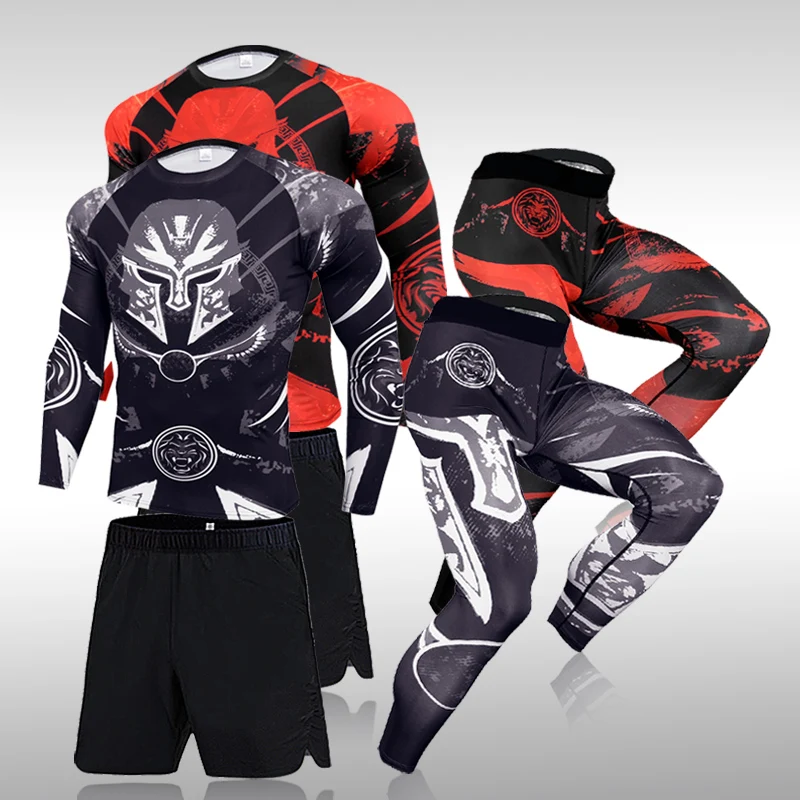 

3 шт. мужской спортивный костюм для бега компрессионная футболка + брюки облегающие с Длинным Рукавом Рашгард для фитнеса MMA одежда для трени...