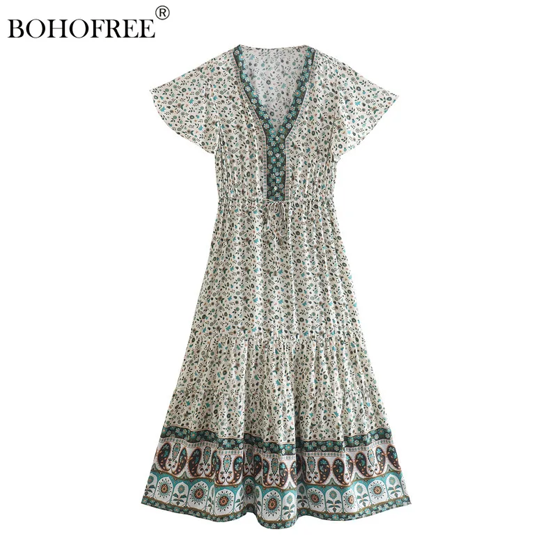 

Винтажное платье в стиле бохо с V-образным вырезом, коротким рукавом, вискозное хлопковое богемное платье, женские Макси-платья в стиле хиппи, этнические праздничные платья, платье с принтом