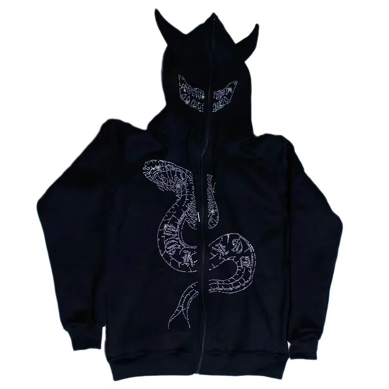 

Vintage Rhinestone Pattern Y2k Women Zip Up Long Sleeve Oversized Black OX Horn Hoodie Gothic Punk Fashion Casual Sweatshirts