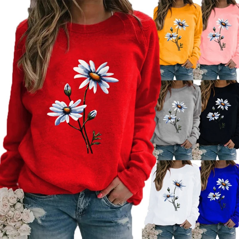 

Women Oversize Sweatshirt Flower Print O-neck Long Sleeve Vintage Pullovers Female Casual Autumn Spring Woman Clothes Tops