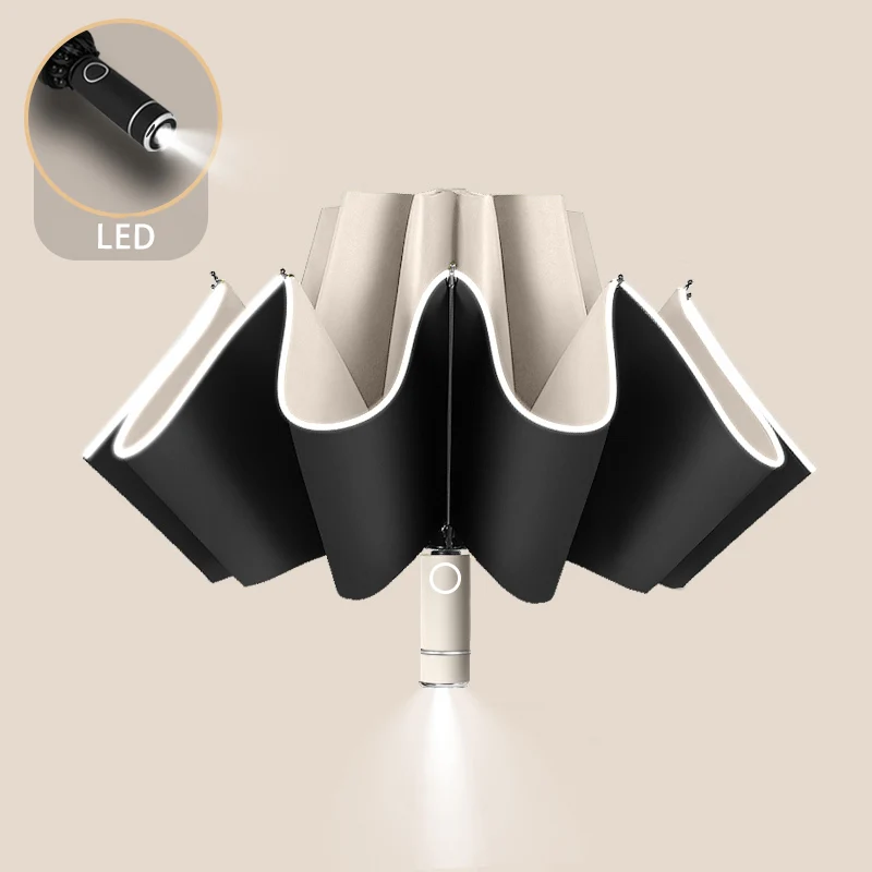 

Fully-automatic Umbrella Large Sun UV Protection Parasol Black Coating Sunshade Academy Women Umbrella Car Accessories with LED