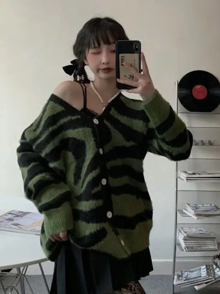 

Deeptown Vintage Green Zebra Striped Cardigan Women Korean Fashion Knitted Sweater Loose Casual V-neck Retro Tops Gothic Clothes