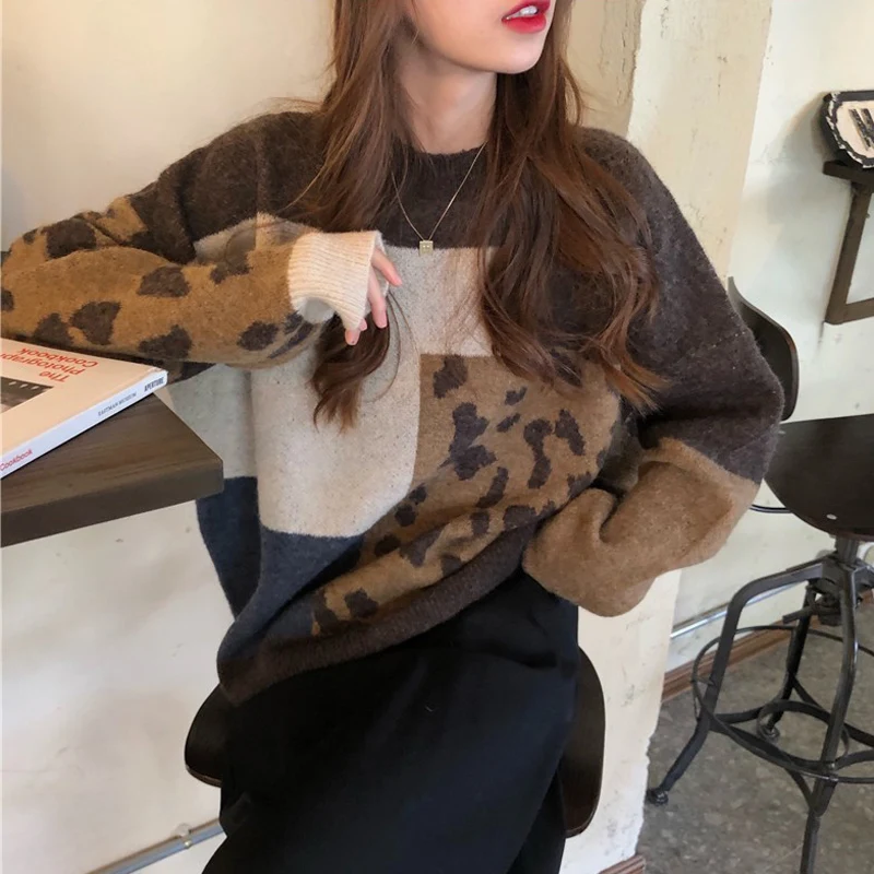 

Women Vintage Leopard Pullover And Sweaters O-Neck Long Sleeve Winter Patchwork Knit Jumpers Loose Style Korean Slim Jumpers