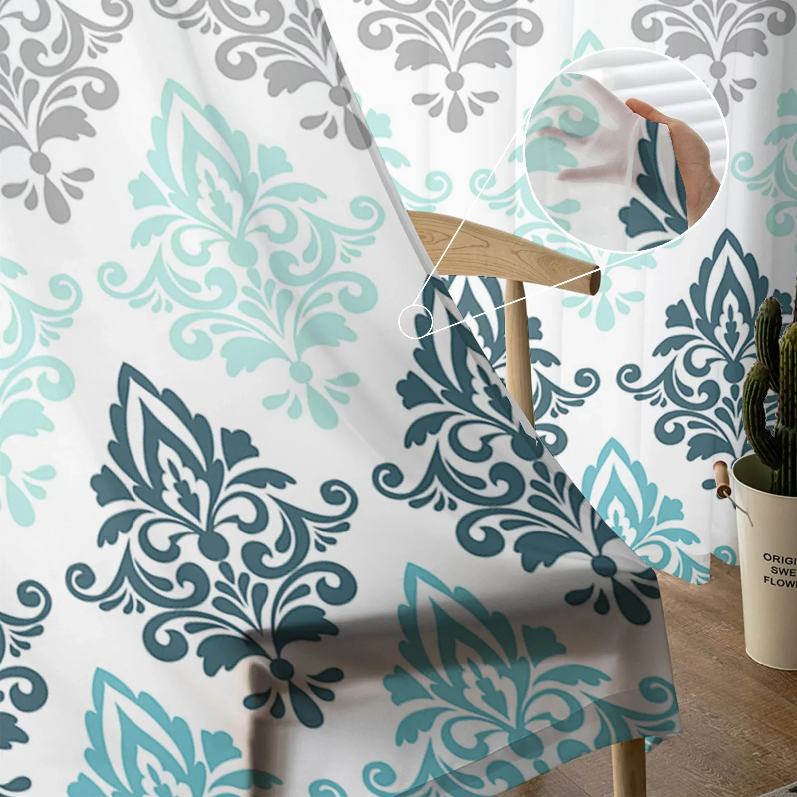 Дамасские прозрачные шторы в стиле барокко с градиентом цвета морской волны для