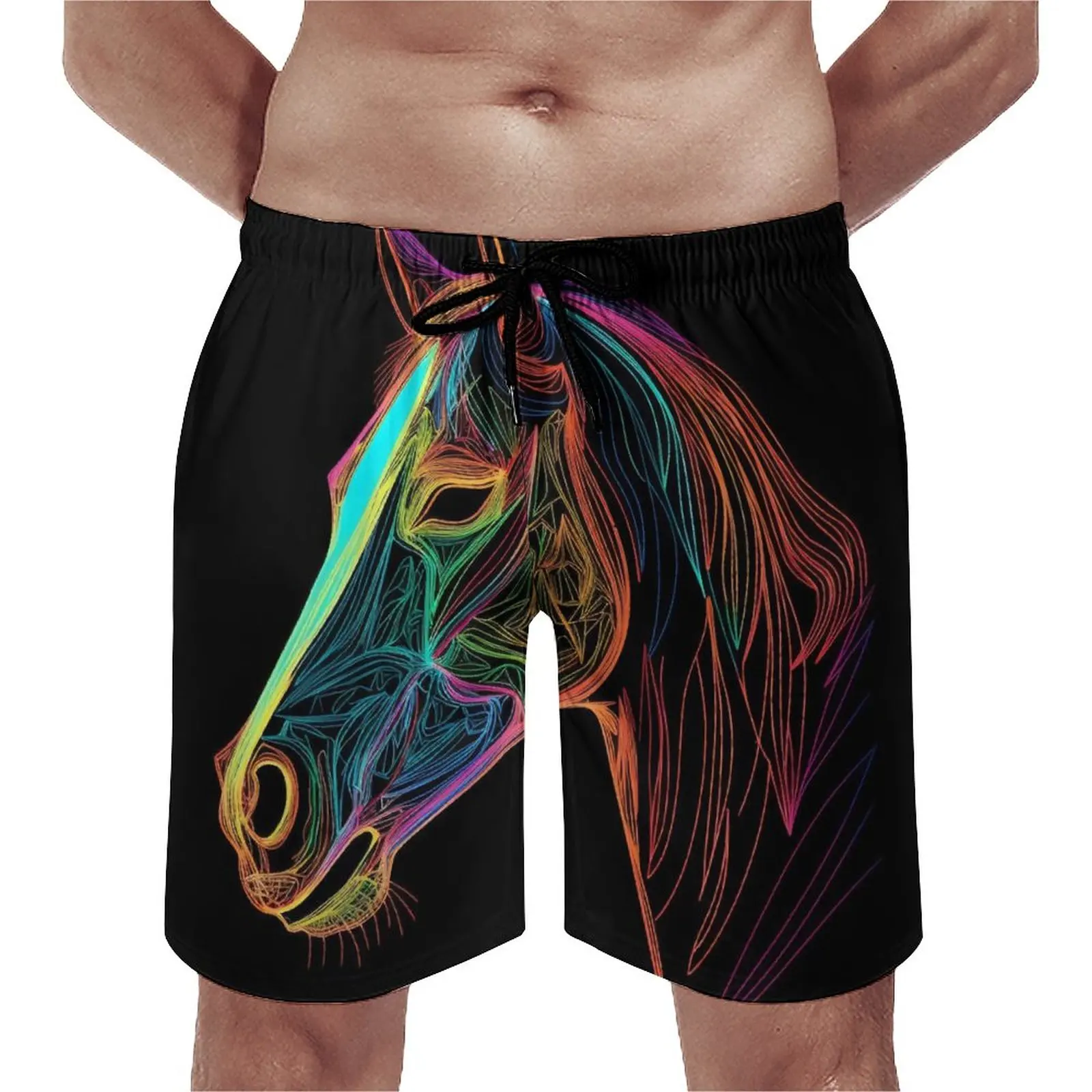 

Horse Board Shorts Line Art Neon Casual Beach Short Pants Man Printed Running Surf Comfortable Swim Trunks Gift Idea