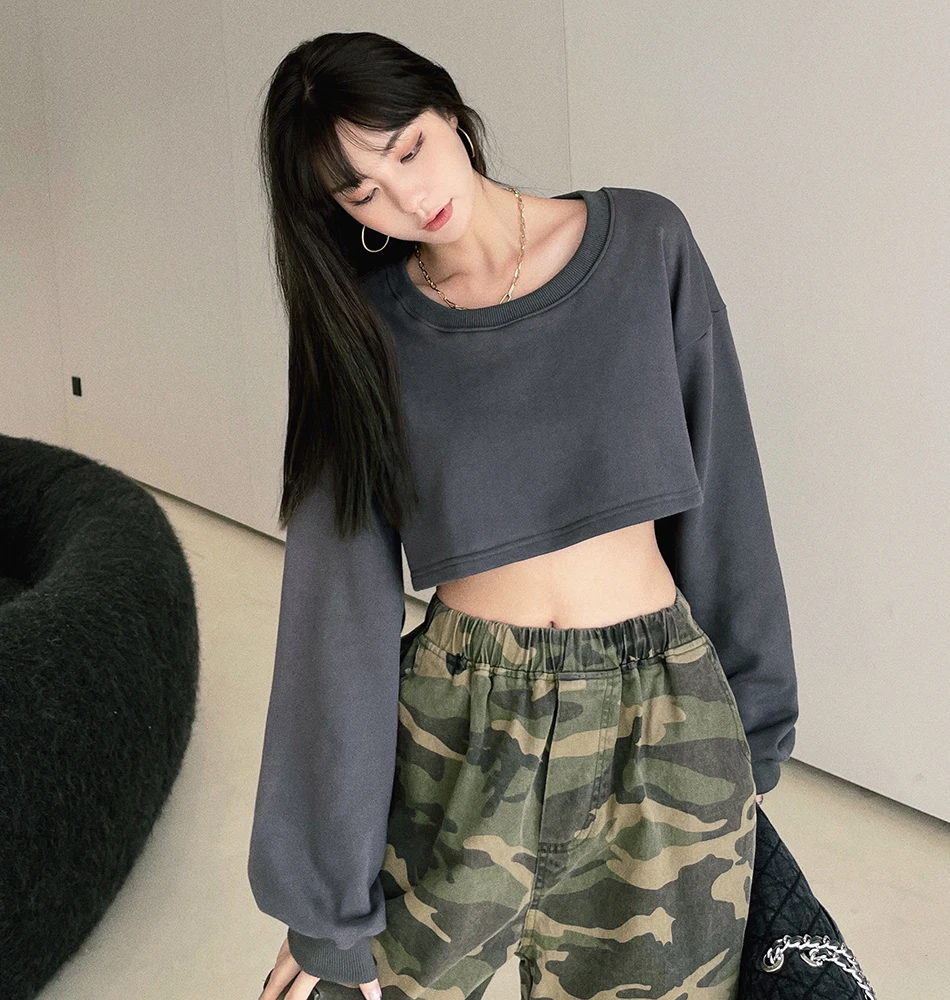 

Милый острая крутой популярный укороченный топ для девушек пупка с высокой талией Свободный дикий короткий свитер с круглым вырезом Блузки...