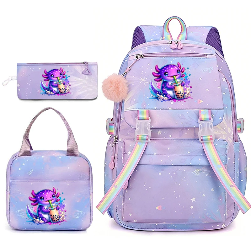 Фото Рюкзак Rainbow Axolotl Boba в стиле аниме для подростков, 3 предмета, школьный рюкзак для девочек и мальчиков с коробкой для обеда, легкий детский рюкзак, набор Mochilas, подарок №1