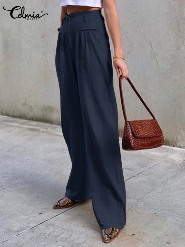 

Celmia Fashion Solid Office Bottom Casual Loose Pocket Pantalon Elegant Wide Leg Pants 2022 Autumn Women High Waist Long Trouser