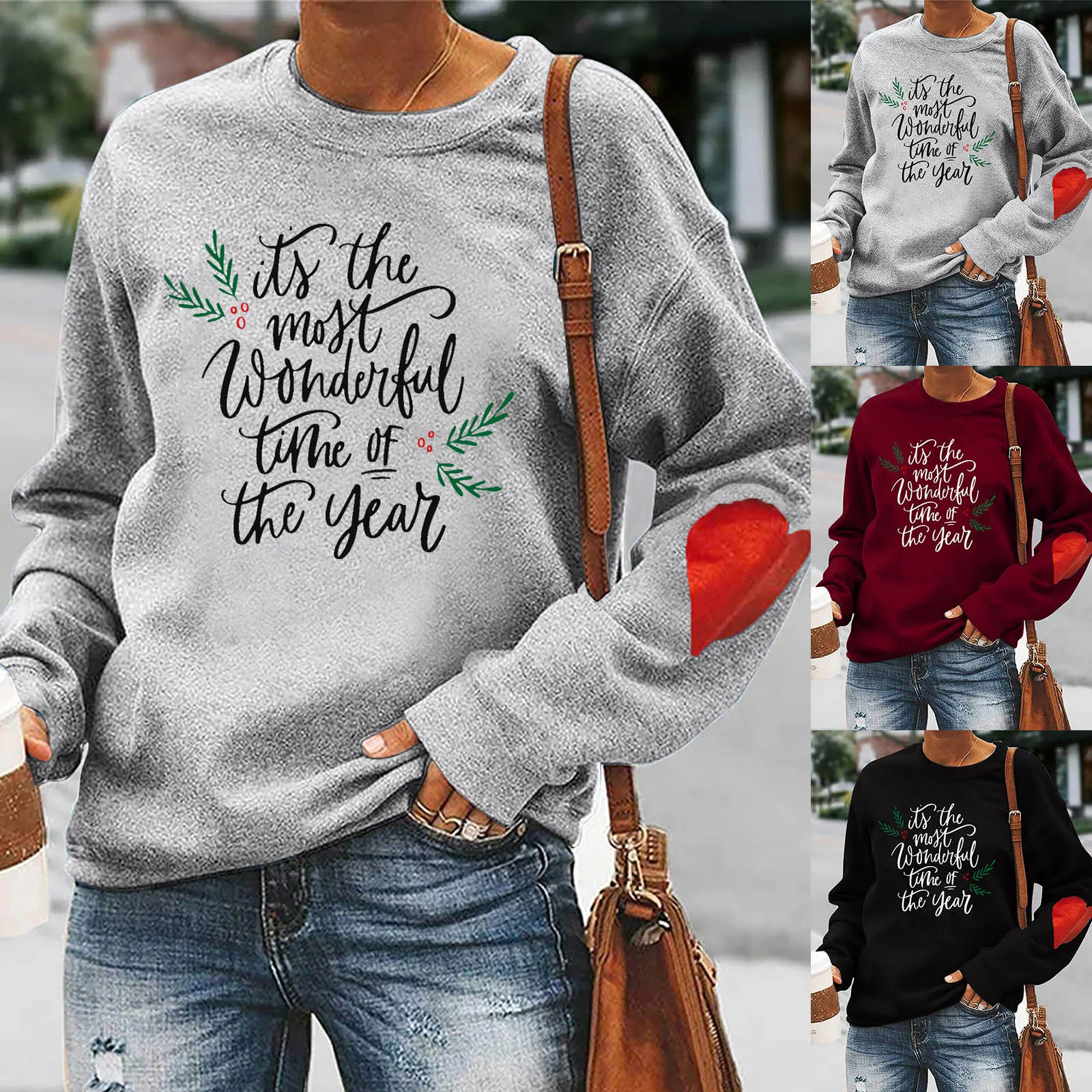 

Women PulloverLoose Casual Christmas Print Long-Sleeved Round Neck Heart Pattern Warm Sweatshirt Tops