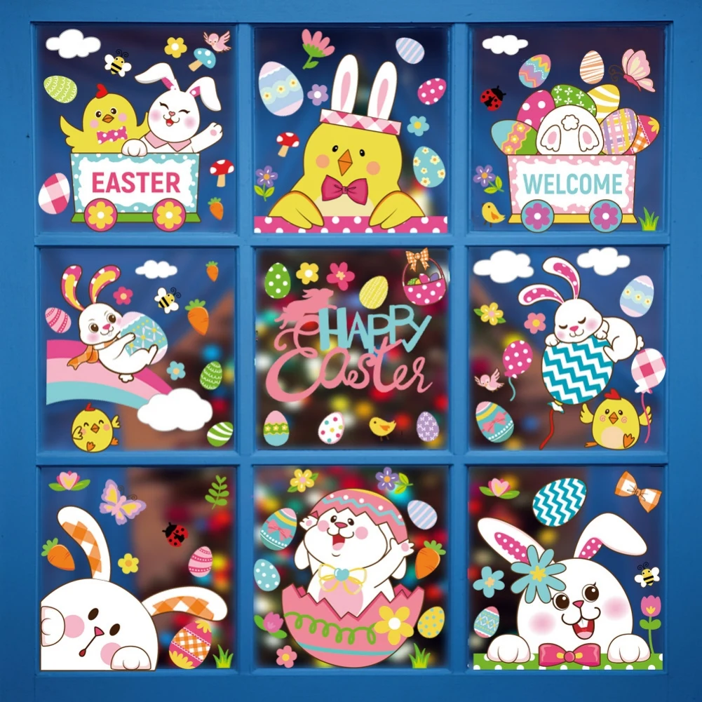 

Happy Easter Stickers Easter Eggs Bunny Carrot Electrostatic Sticker Window Glass Decals Easter Home Decoration Wall Sticker