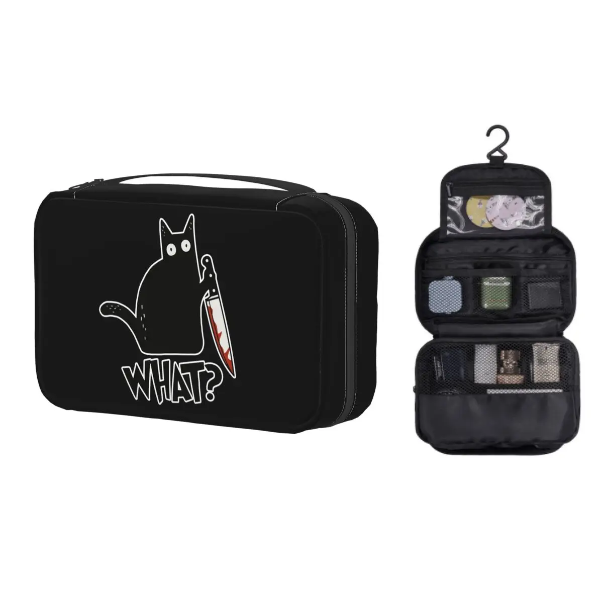 

Custom Black Cat What Murderous Toiletry Bag Women With Knife Gift Makeup Cosmetic Organizer Ladies Beauty Storage Dopp Kit Box