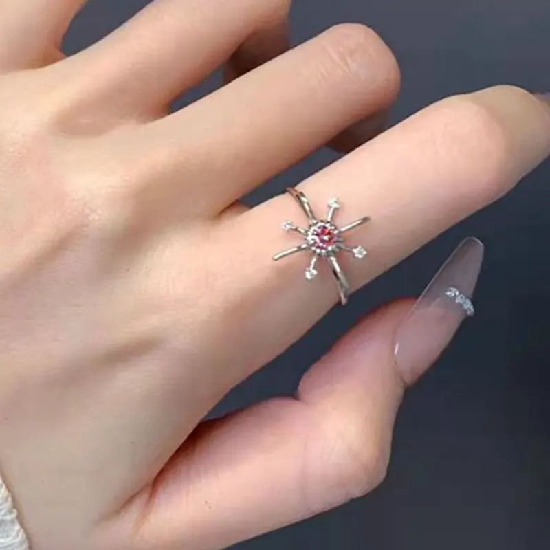 

Pink Crystal Rings for Women 2022 Gothic Rose Flower Open Ring Aesthetic Goth Geometric Sun Egirl Zircon Ring Vintage Y2K Jewely
