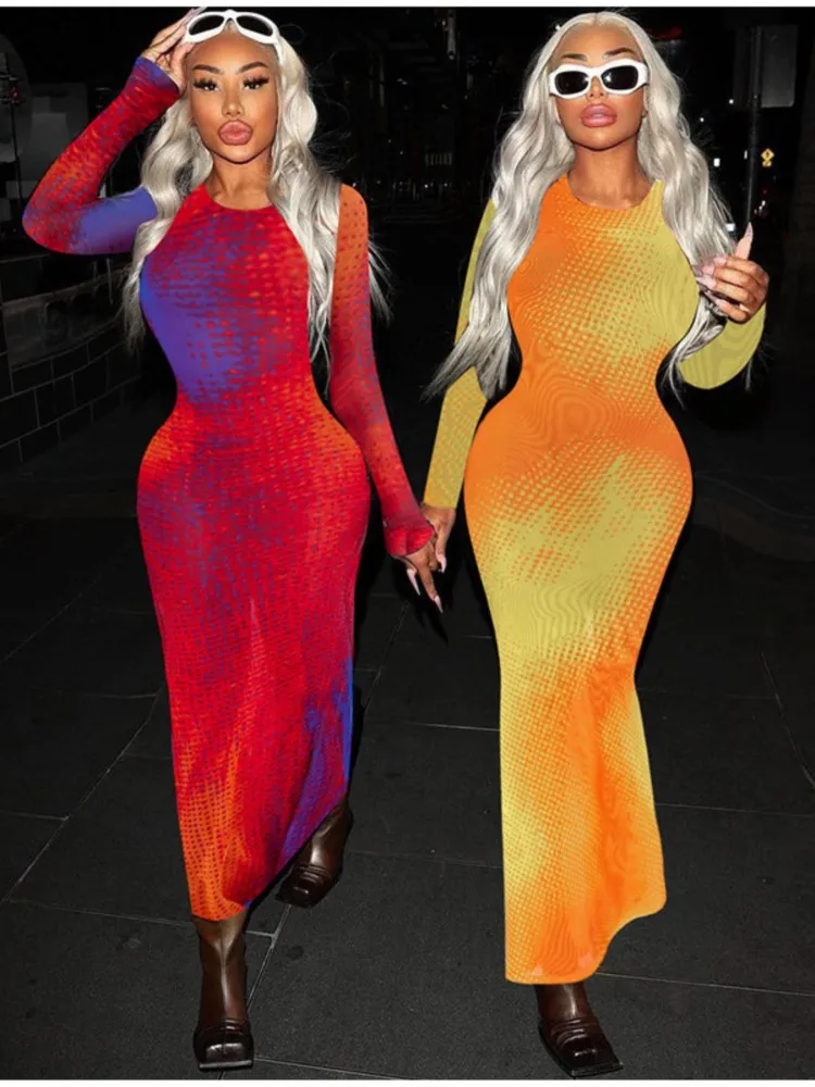 

Женское модное платье с цветным принтом, сексуальное облегающее Макси-платье с длинным рукавом, Новинка осени 2023, женские Клубные уличные платья