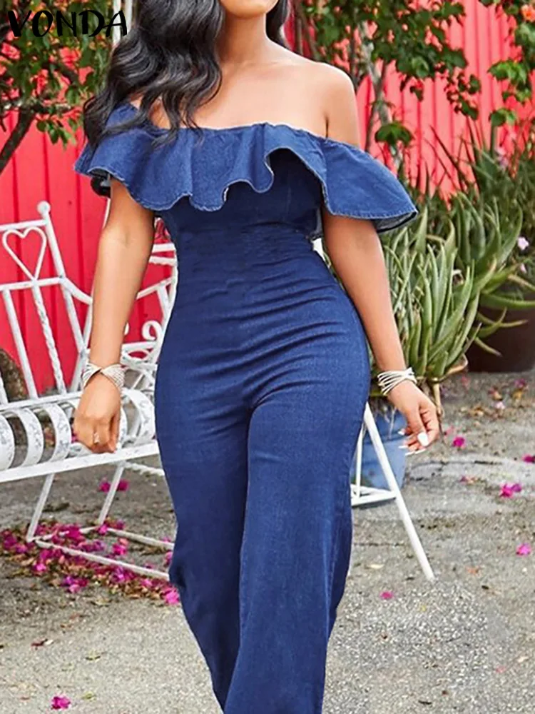 

VONDA 2022 женские осенние брюки сексуальный джинсовый комбинезон с оборками без рукавов Брюки повседневные модные комбинезоны оверсайз для же...