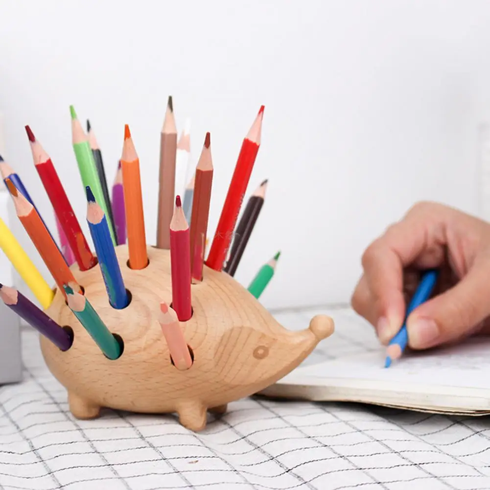 

Office Lovely Hedgehog Pen Container Woodiness Storage Box Pen Container Desktop Small Ornament Children's Gifts Desk Organizer