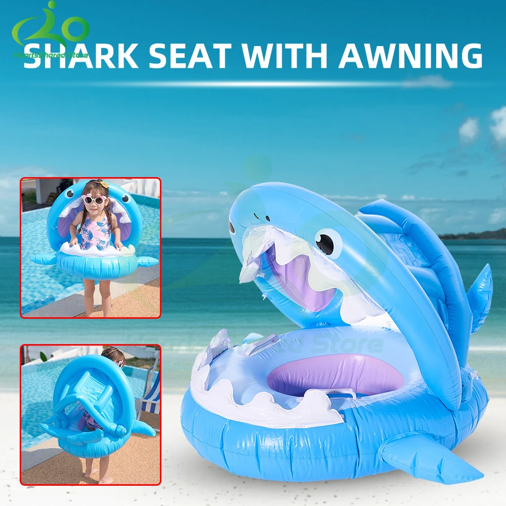 

Shark Swimming Ring with Awning Sunshade Pvc Inflatable Floating Ring Baby Float Swimming Pool for Kids Beach Accessories
